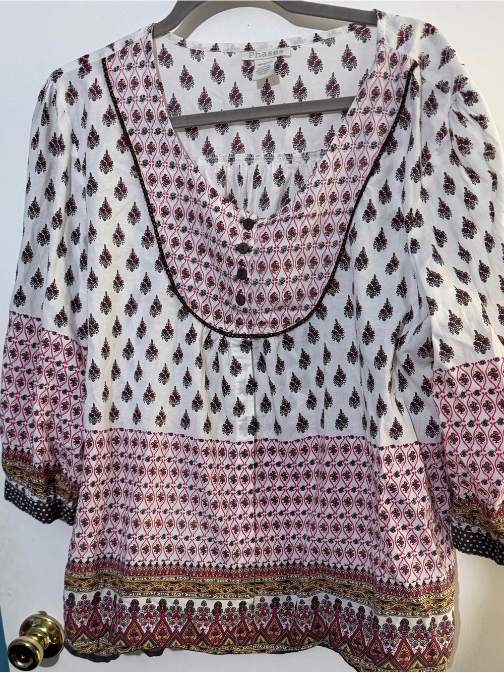 White & Pink Printed Peasant Blouse